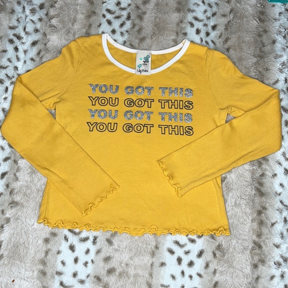Lily Bleiu Girls Mustard Yellow You Got This Glitter Graphic Top Size M 10/12